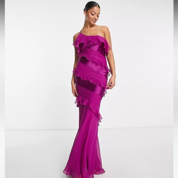 ASOS Dresses & Skirts - ASOS design hot pink tall satin bias ruffle one shoulder maxi dress in plum